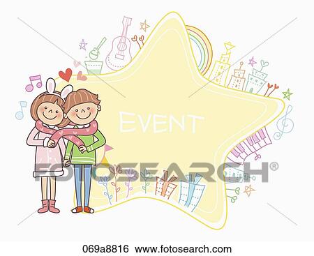 Stock Illustration - The boy and girl putting muffler around their neck with event notice. Fotosearch
