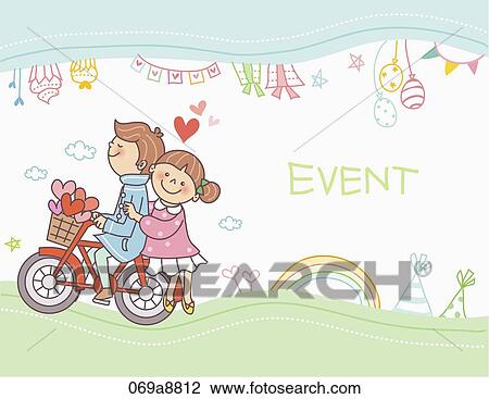 Drawing - The boy and girl riding on the bike with event notice. Fotosearch