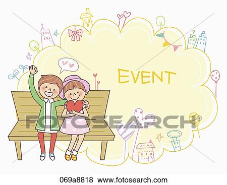 The boy and girl sitting on the bench with event notice View Large Illustration Stock Illustration - The boy and girl sitting on the bench with event notice . Fotosearch