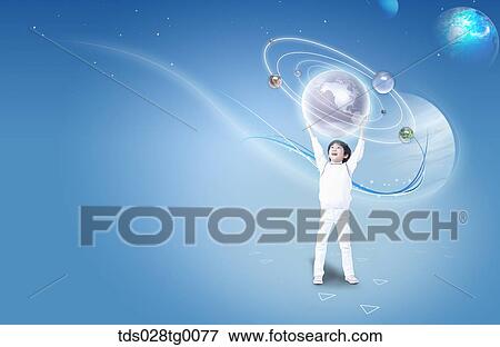 Stock Illustration - The boy holding up the globe with blue background. Fotosearch
