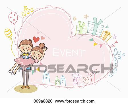 Clipart - The boy lifting up the girl with event notice. Fotosearch