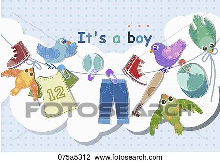 The boy stuff and birds on the rope with 'It's a boy' notice View Large Illustration Drawing - The boy stuff and birds on the rope with 'It's a boy' notice. Fotosearch
