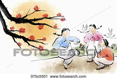 The boys in Korean traditional clothes playing the shuttlecock with feet View Large Illustration Clip Art - The boys in Korean traditional clothes playing the shuttlecock with feet. Fotosearch
