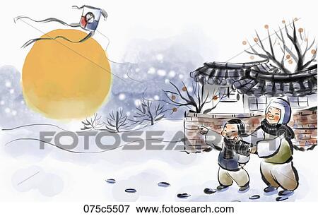 Stock Illustration - The boys wearing Korean traditional clothes and flying kite . Fotosearch