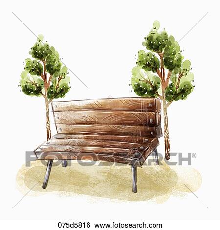 Stock Illustration - The brown bench with the green trees around. Fotosearch