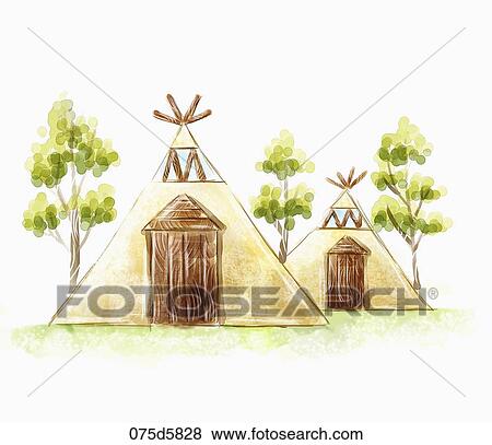 The brown triangular house with the green trees around View Large Illustration Stock Illustration - The brown triangular house with the green trees around. Fotosearch