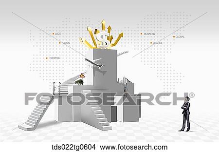 The building and dollar structure with a man View Large Illustration Stock Illustration - The building and dollar structure with a man . Fotosearch