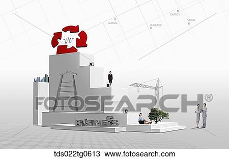 Drawing - The building and money structure with business people . Fotosearch