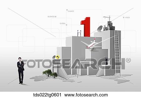 Clip Art - The building and number one structure with a man . Fotosearch