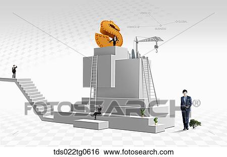 Stock Illustration - The building and orange dollar structure with business people. Fotosearch