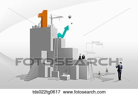 Stock Illustration - The building and orange number one structure with business people. Fotosearch