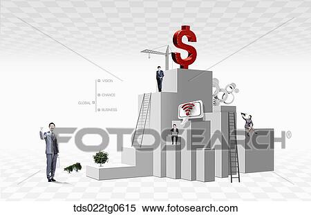 Stock Illustration - The building and red dollar structure with business people. Fotosearch