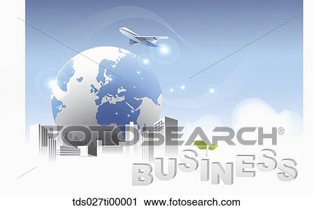 The buildings, globe, flying airplane with business blocks View Large Illustration Clip Art - The buildings, globe, flying airplane with business blocks . Fotosearch