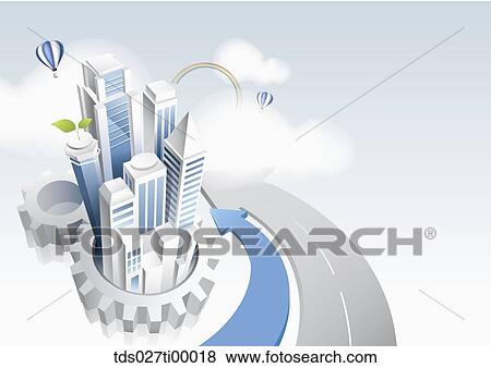 The buildings standing on the toothed wheel with blue and gray arrow around View Large Illustration Stock Illustration - The buildings standing on the toothed wheel with blue and gray arrow around. Fotosearch
