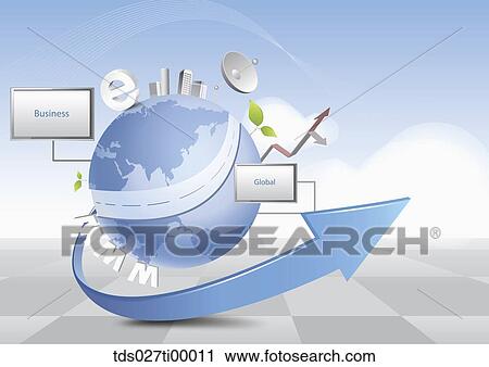 Clip Art - The business and global screen, internet mark standing on the globe with the winding blue arrow. Fotosearch