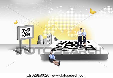 Clipart - The business people with QR code. Fotosearch