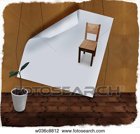 Drawing - The chair, white paper, and green plant pot around wall and floor. Fotosearch