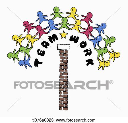 The character holding hands around the teamwork chimney View Large Illustration Drawing - The character holding hands around the teamwork chimney. Fotosearch