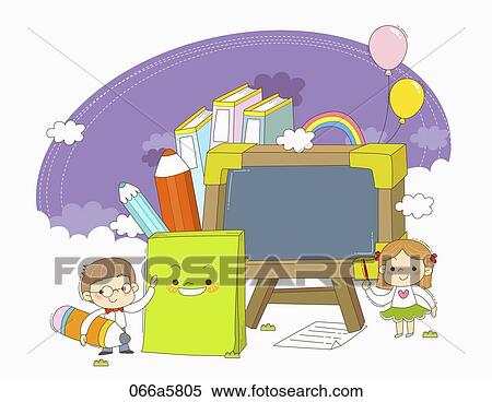 The children around the black board, book, pencil, and sticky note View Large Illustration Stock Illustration - The children around the black board, book, pencil, and sticky note. Fotosearch