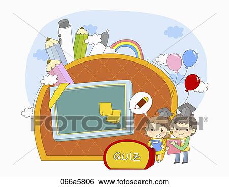 The children around the black board, pencil, pen, and quiz stage View Large Illustration Stock Illustration - The children around the black board, pencil, pen, and quiz stage. Fotosearch