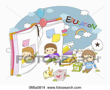 Stock Illustration - The children around the book, block, pencil, and education word. Fotosearch