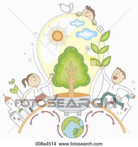The children around the green energy bulb View Large Illustration Stock Illustration - The children around the green energy bulb. Fotosearch