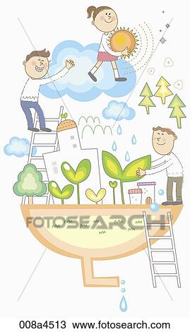 Drawing - The children around the green plant and the green energy. Fotosearch