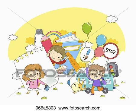 Drawing - The children around the notebook, pencil, book, and traffic sign. Fotosearch