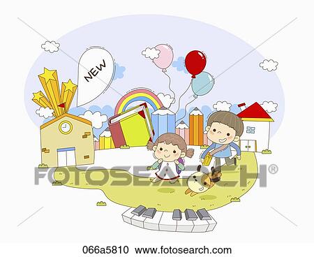 Clipart - The children around the pencil, book, keyboard, and new speech bubble. Fotosearch