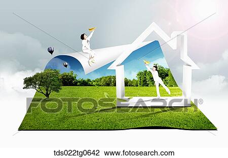 The children flying yellow paper plane around the white house and grass paper View Large Illustration Drawing - The children flying yellow paper plane around the white house and grass paper . Fotosearch