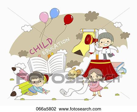 Drawing - The children holding a pencil, paper, and loudspeaker with education word. Fotosearch