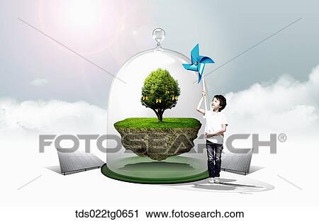 The children holding the pinwheel with the green tree and solar energy panels around View Large Illustration Clip Art - The children holding the pinwheel with the green tree and solar energy panels around. Fotosearch