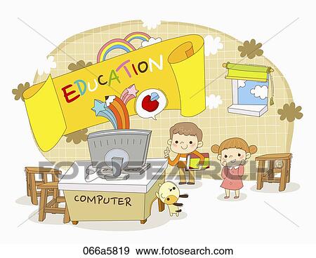 Stock Illustration - The children in the computer room with the Education paper around. Fotosearch