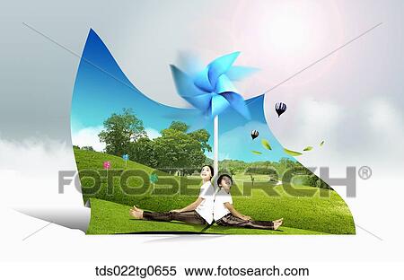 Stock Illustration - The children looking upon the pinwheel with the green grass around. Fotosearch