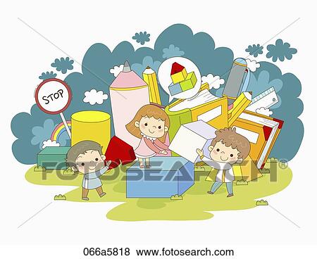The children moving the blocks with the book, pencil, stop sign around View Large Illustration Stock Illustration - The children moving the blocks with the book, pencil, stop sign around. Fotosearch