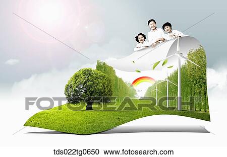 Clipart - The children on the green landscape and wind power plant . Fotosearch