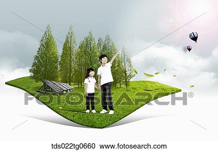 Clipart - The children on the green landscape and solar energy panels. Fotosearch