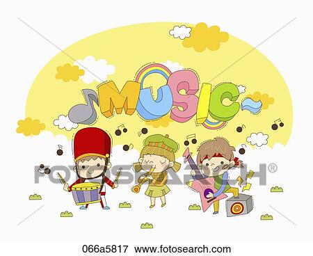 The children playing the music instrument with the music word above View Large Illustration Stock Illustration - The children playing the music instrument with the music word above. Fotosearch