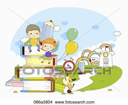 Stock Illustration - The children sitting on the books with the school around. Fotosearch