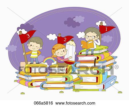 Stock Illustration - The children sitting or standing on the books with the number flags. Fotosearch