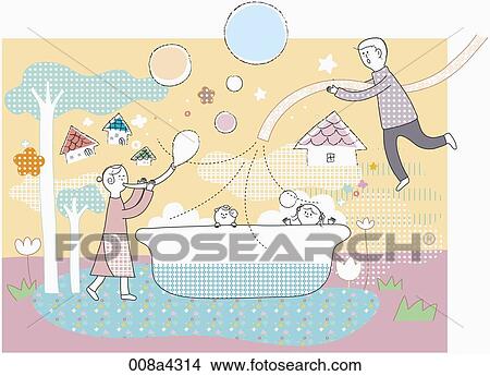 The children taking bath in the bathtub and helping parents View Large Illustration Stock Illustration - The children taking bath in the bathtub and helping parents. Fotosearch