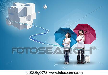 The children with red and blue umbrella and white cube with blue background View Large Illustration Drawing - The children with red and blue umbrella and white cube with blue background. Fotosearch