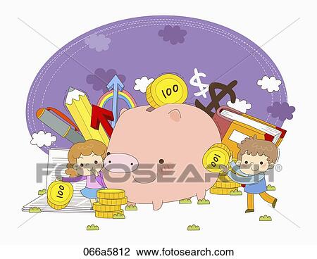 Drawing - The children with the coin and piggy bank . Fotosearch