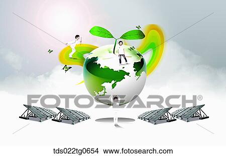 Stock Illustration - The children with the green globe and solar energy panel. Fotosearch