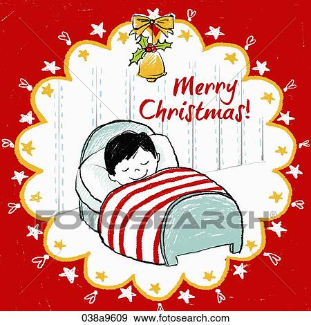 Stock Illustration - The Christmas image of the happy boy in the bed. Fotosearch