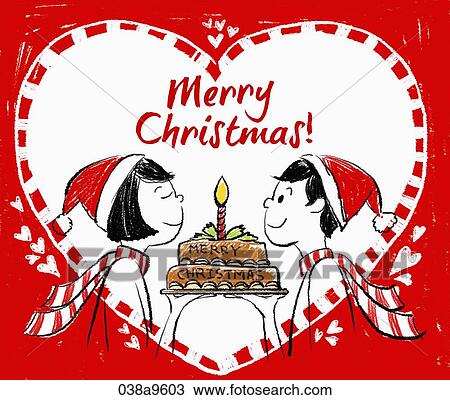 Drawing - The Christmas image of the happy couple with the cake. Fotosearch