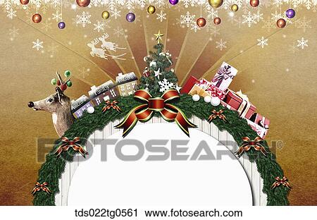 Clip Art - The circle tree frame with Christmas decorations around. Fotosearch