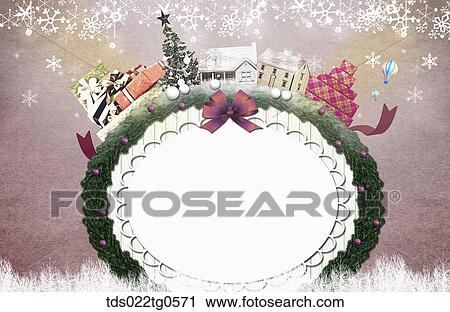 The circle tree frame with Christmas decorations around View Large Illustration Clip Art - The circle tree frame with Christmas decorations around. Fotosearch