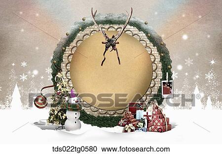 Clipart - The circle tree frame with Christmas decorations around. Fotosearch