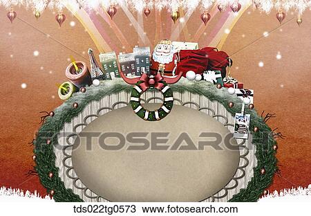 The circle tree frame with Christmas decorations around View Large Illustration Drawing - The circle tree frame with Christmas decorations around. Fotosearch